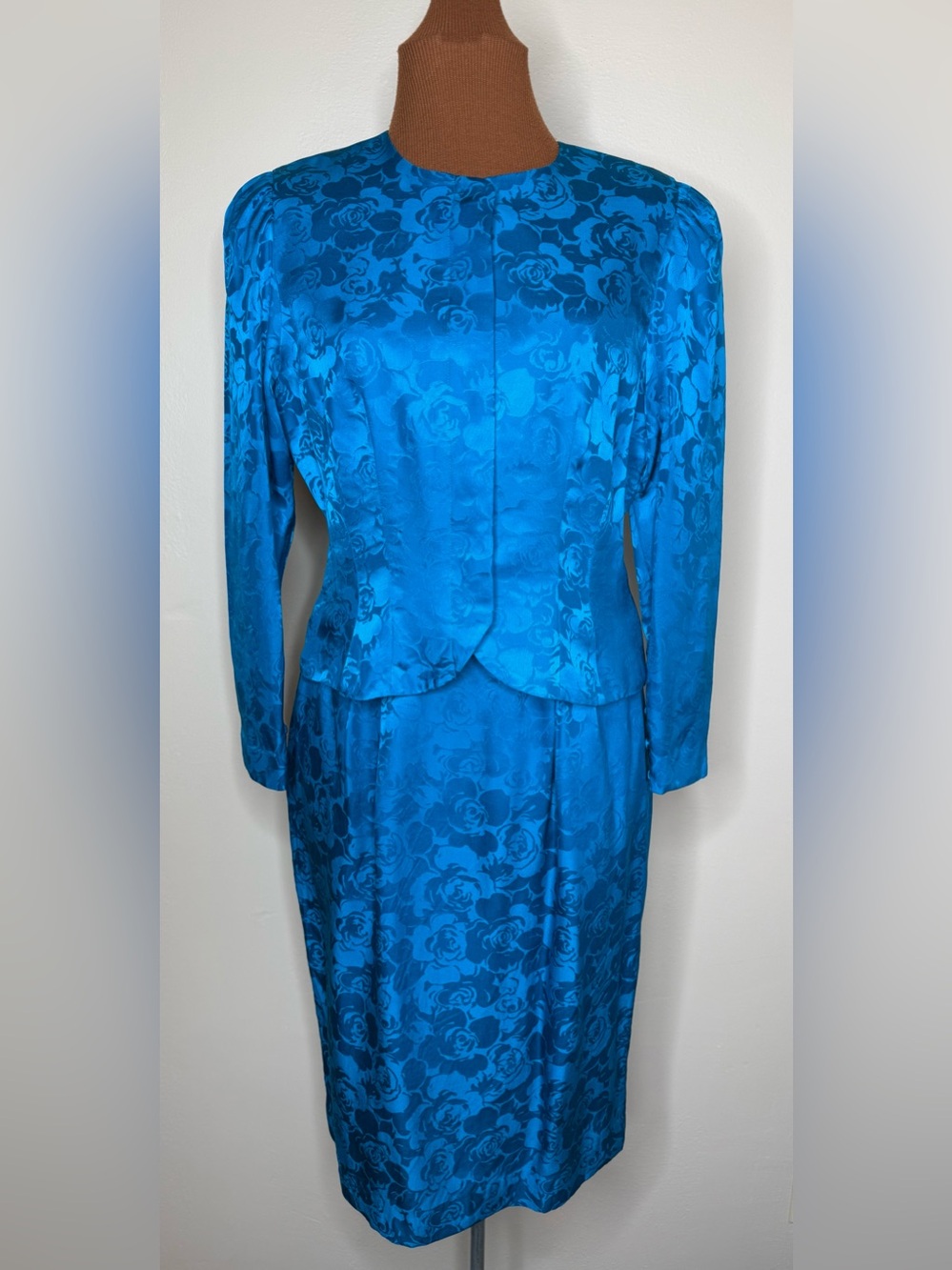 Adrianna Papell Too Silk Teal Blue Floral Jacquard Skirt Set Size 8